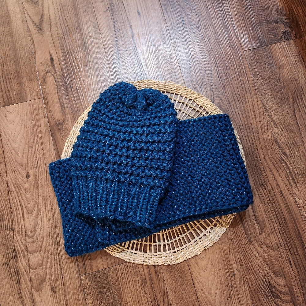 Handmade Blue Sparkle Scarf And Hat Set